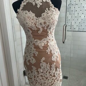 Elegant Lace Overlay Dress in Cream Perfect for Wedding or Reception